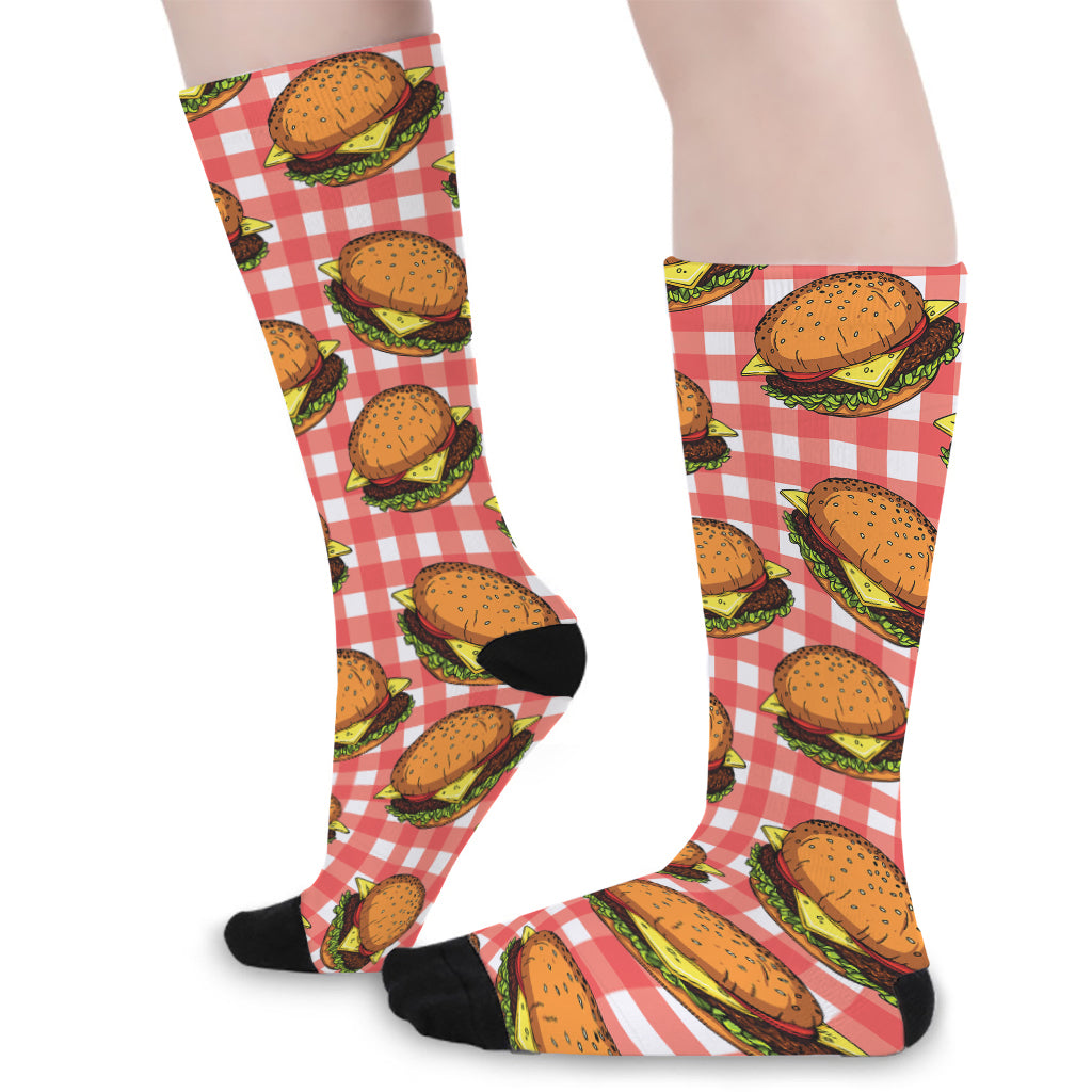 Hamburger Plaid Pattern Print Long Socks