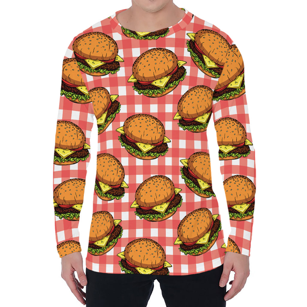 Hamburger Plaid Pattern Print Men's Long Sleeve T-Shirt