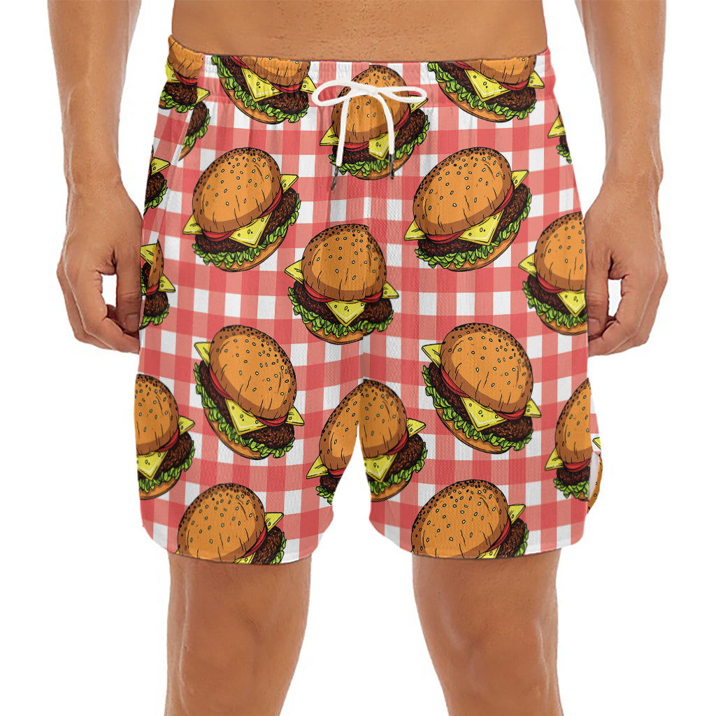 Hamburger Plaid Pattern Print Men's Split Running Shorts