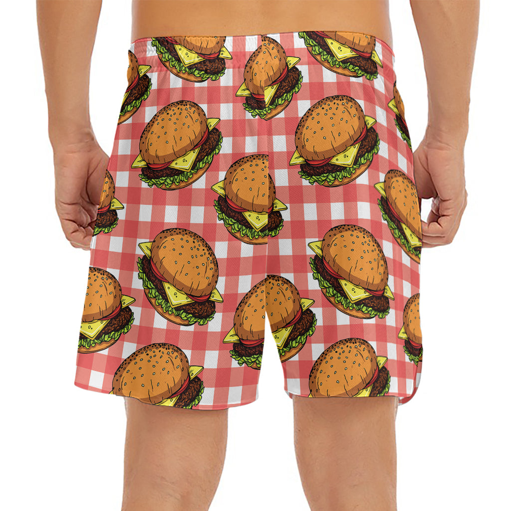 Hamburger Plaid Pattern Print Men's Split Running Shorts