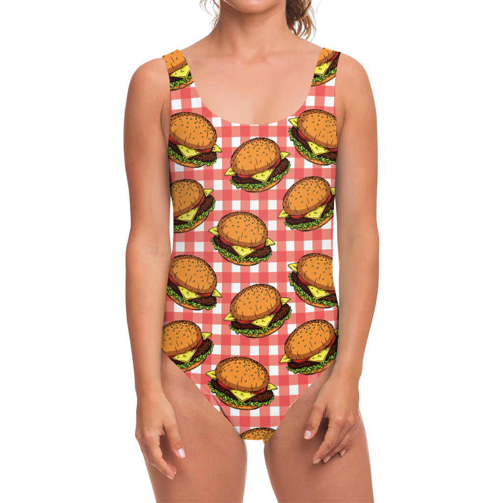 Hamburger Plaid Pattern Print One Piece Swimsuit