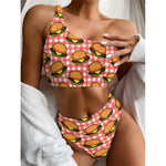 Hamburger Plaid Pattern Print One Shoulder Bikini Top