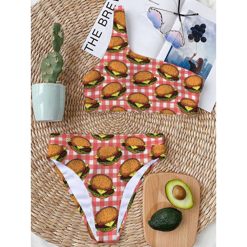 Hamburger Plaid Pattern Print One Shoulder Bikini Top