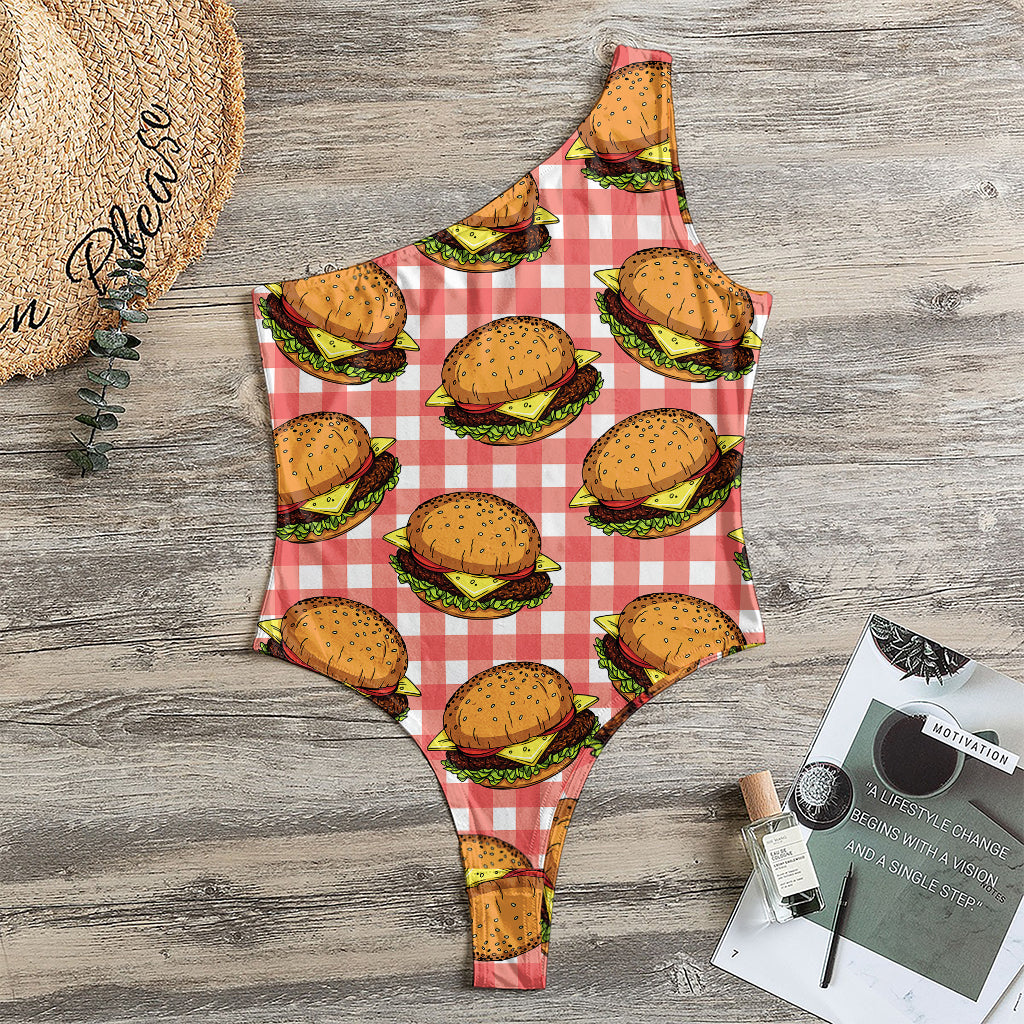 Hamburger Plaid Pattern Print One Shoulder Bodysuit