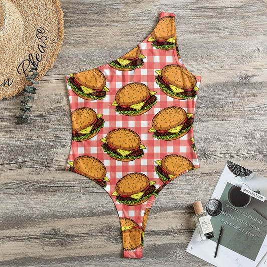 Hamburger Plaid Pattern Print One Shoulder Bodysuit