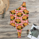 Hamburger Plaid Pattern Print One Shoulder Bodysuit