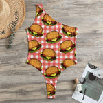 Hamburger Plaid Pattern Print One Shoulder Bodysuit