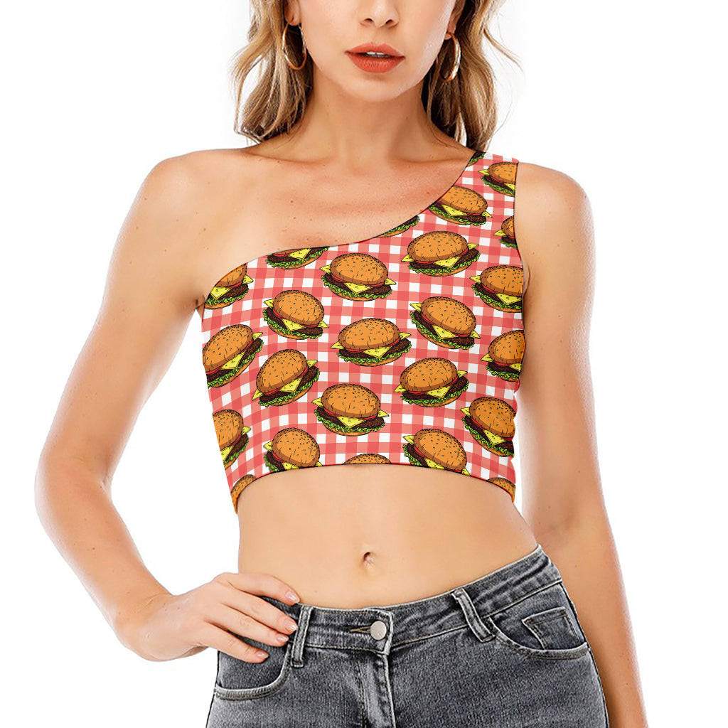 Hamburger Plaid Pattern Print One Shoulder Crop Top