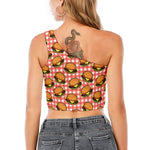 Hamburger Plaid Pattern Print One Shoulder Crop Top