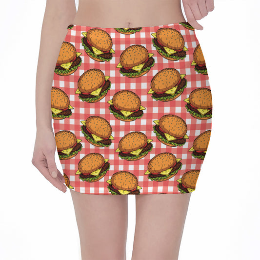 Hamburger Plaid Pattern Print Pencil Mini Skirt