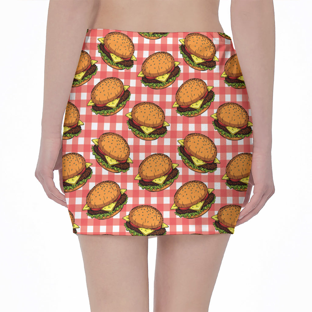 Hamburger Plaid Pattern Print Pencil Mini Skirt
