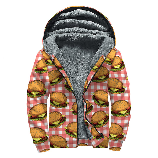 Hamburger Plaid Pattern Print Sherpa Lined Zip Up Hoodie