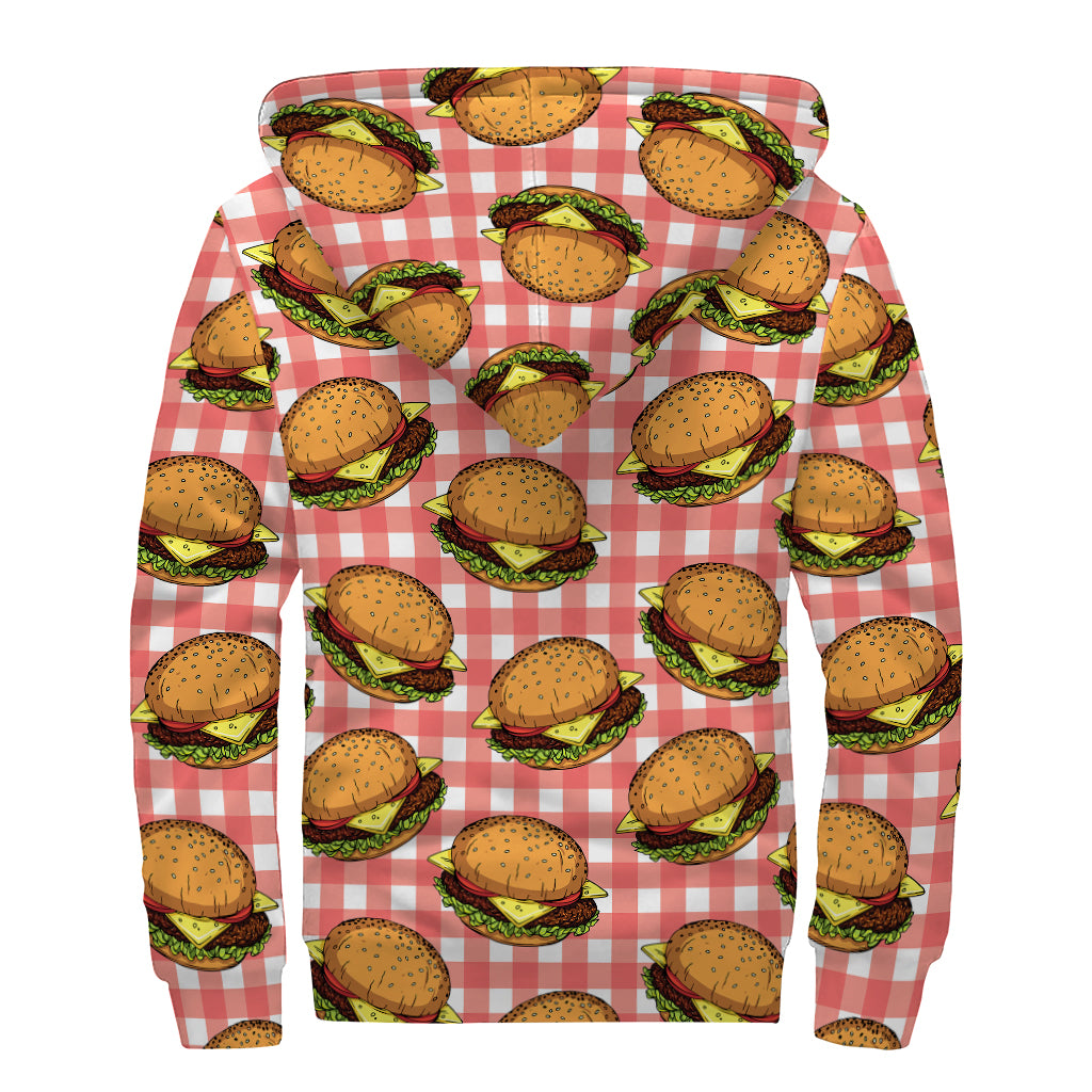 Hamburger Plaid Pattern Print Sherpa Lined Zip Up Hoodie