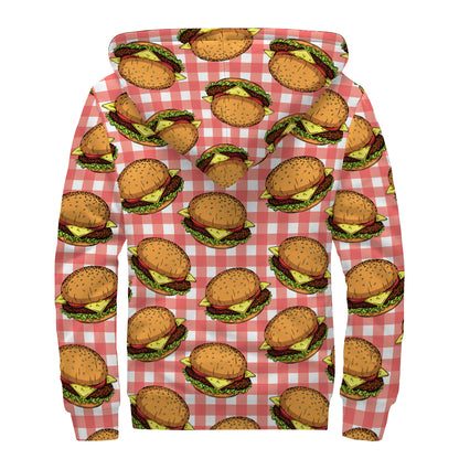Hamburger Plaid Pattern Print Sherpa Lined Zip Up Hoodie