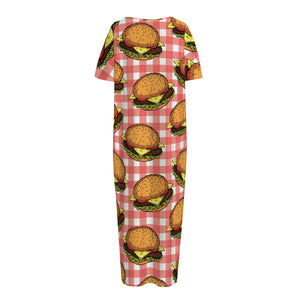 Hamburger Plaid Pattern Print Short Sleeve Long Nightdress