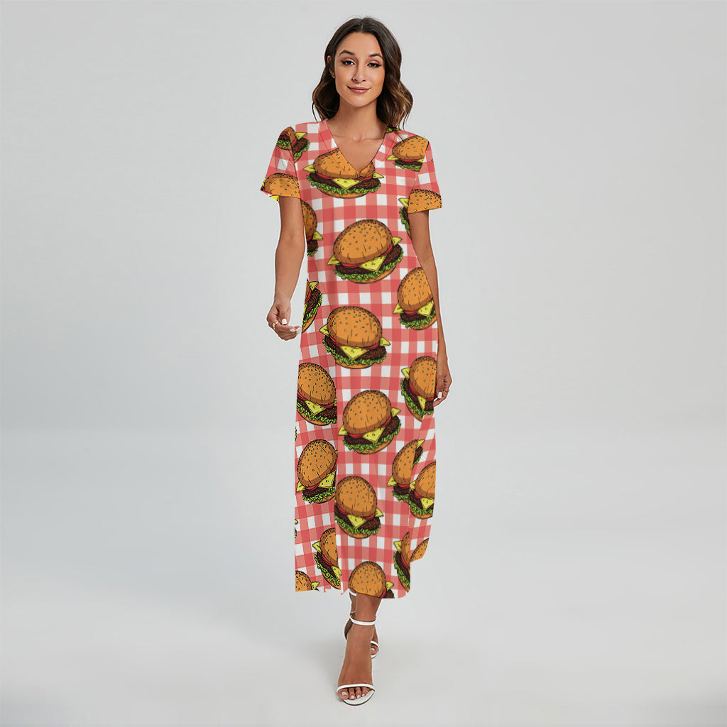 Hamburger Plaid Pattern Print Short Sleeve Maxi Dress