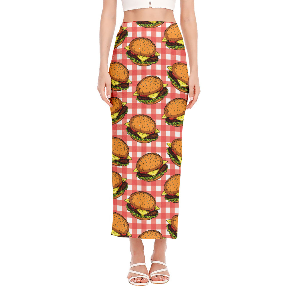 Hamburger Plaid Pattern Print Side Slit Maxi Skirt