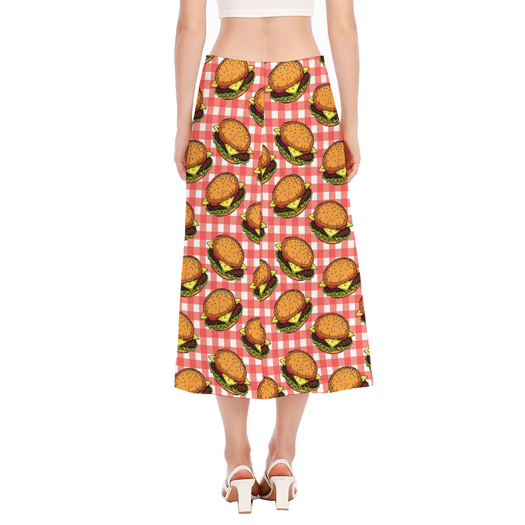 Hamburger Plaid Pattern Print Side Slit Midi Skirt