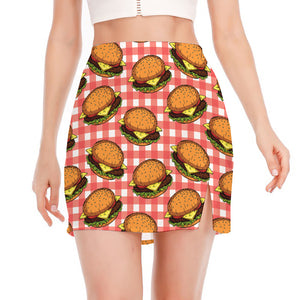 Hamburger Plaid Pattern Print Side Slit Mini Skirt