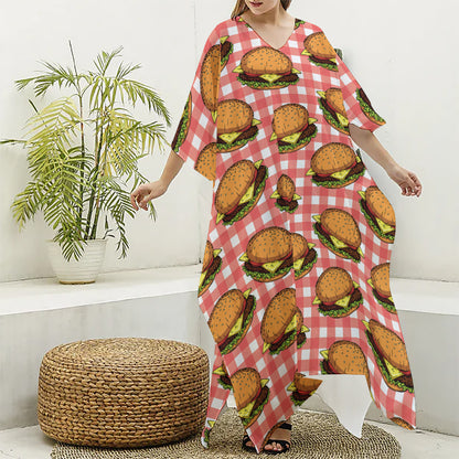 Hamburger Plaid Pattern Print Silk V-Neck Kaftan Dress