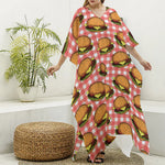 Hamburger Plaid Pattern Print Silk V-Neck Kaftan Dress