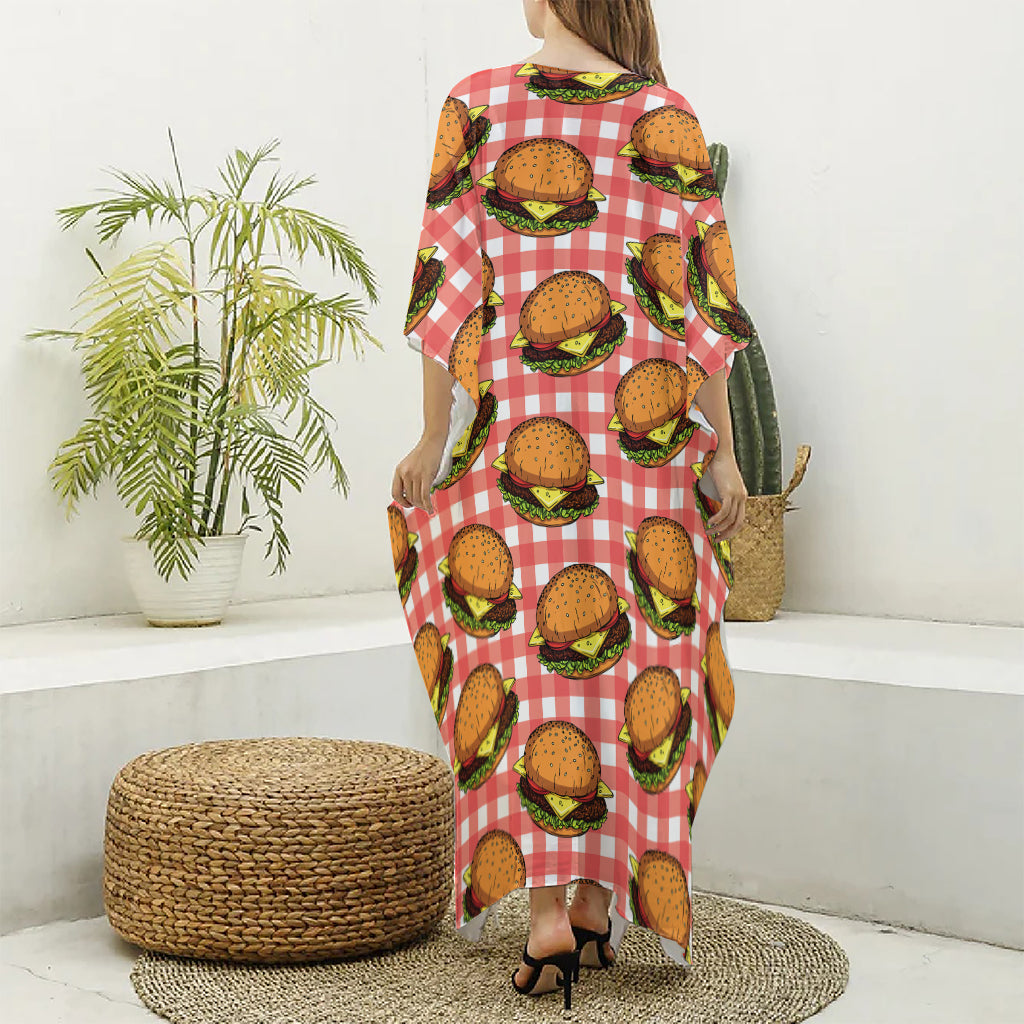 Hamburger Plaid Pattern Print Silk V-Neck Kaftan Dress