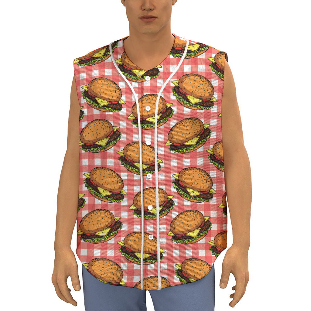 Hamburger Plaid Pattern Print Sleeveless Baseball Jersey