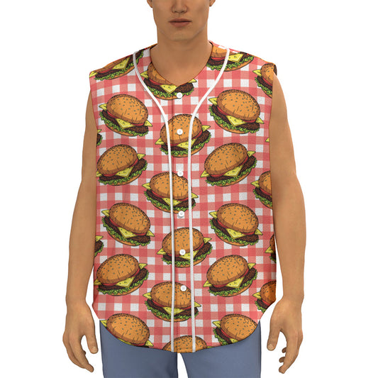 Hamburger Plaid Pattern Print Sleeveless Baseball Jersey