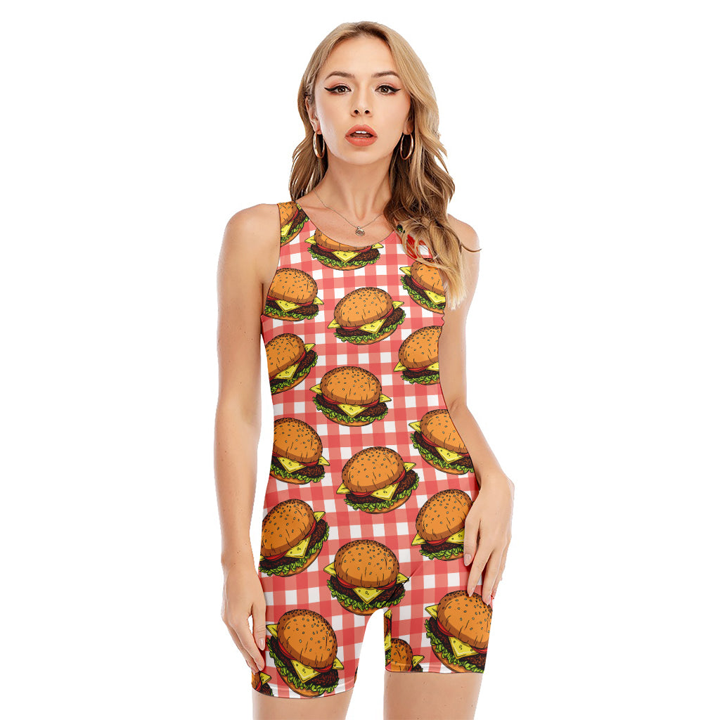 Hamburger Plaid Pattern Print Sleeveless One Piece Swimsuit