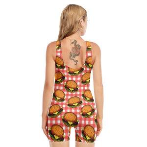 Hamburger Plaid Pattern Print Sleeveless One Piece Swimsuit