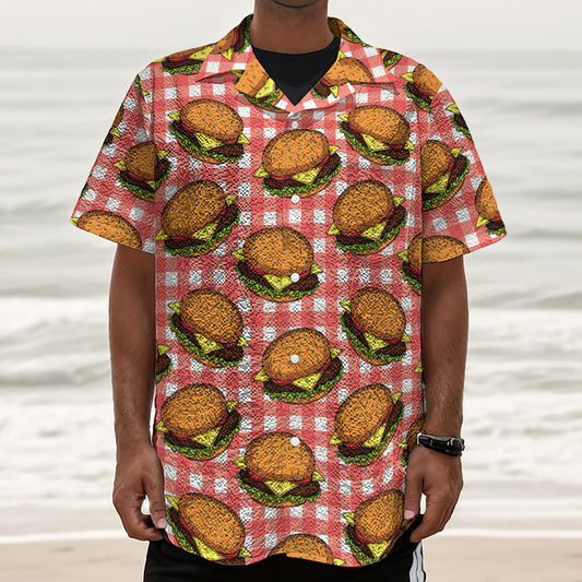 Hamburger Plaid Pattern Print Textured Short Sleeve Shirt