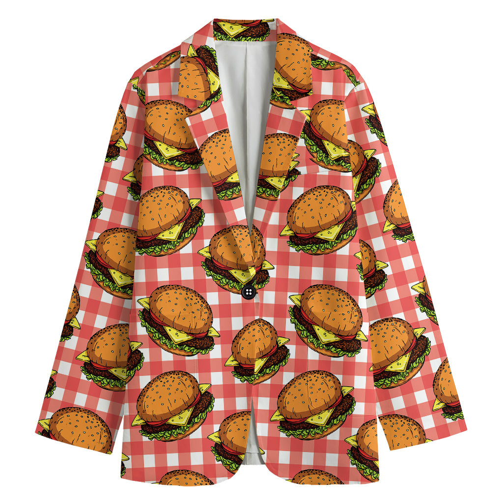 Hamburger Plaid Pattern Print Women's Cotton Blazer