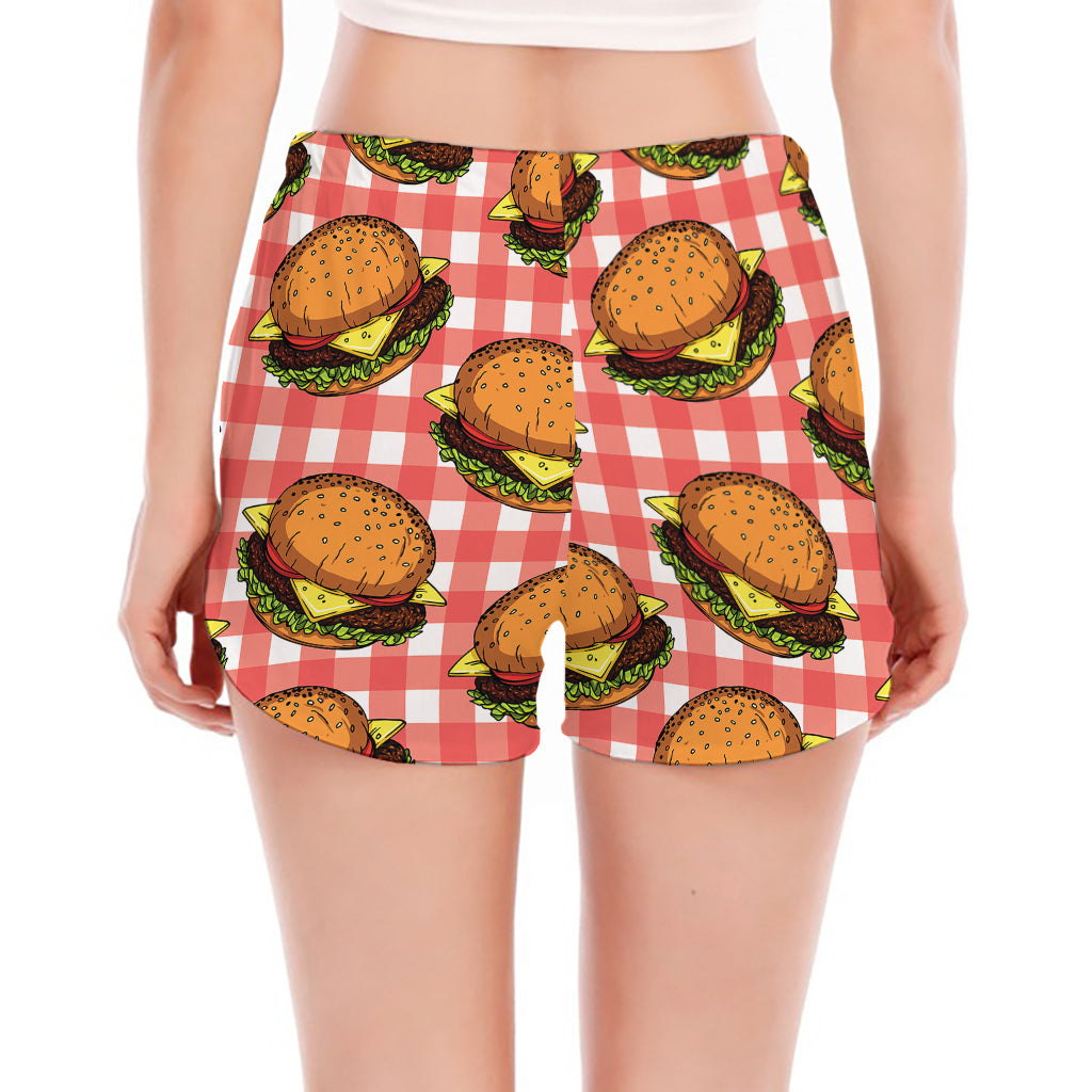 Hamburger Plaid Pattern Print Women's Split Running Shorts