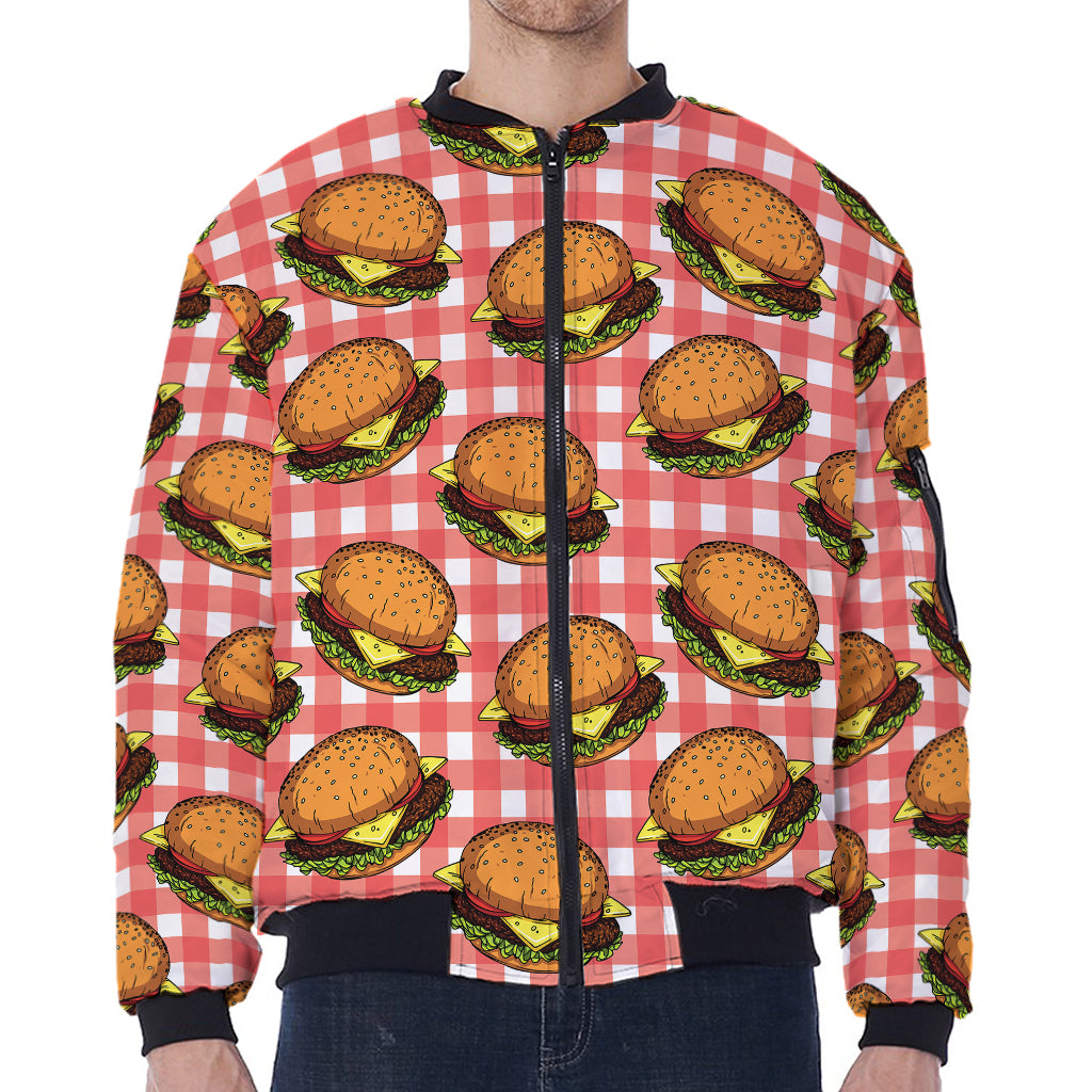 Hamburger Plaid Pattern Print Zip Sleeve Bomber Jacket