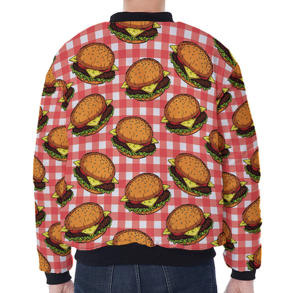 Hamburger Plaid Pattern Print Zip Sleeve Bomber Jacket