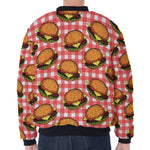 Hamburger Plaid Pattern Print Zip Sleeve Bomber Jacket