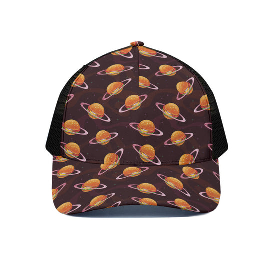 Hamburger Planet Pattern Print Black Mesh Trucker Cap