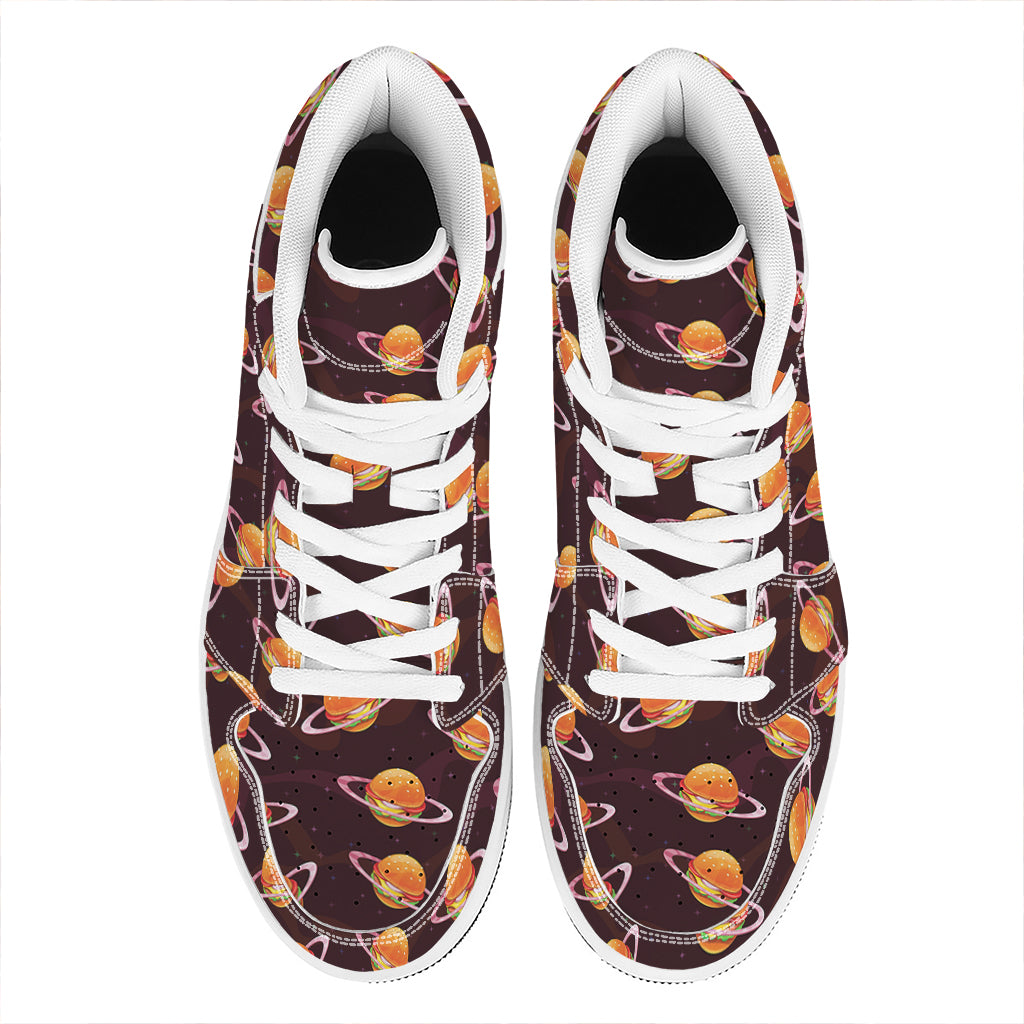 Hamburger Planet Pattern Print High Top Leather Sneakers