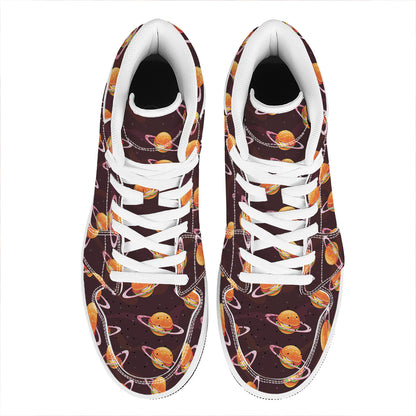 Hamburger Planet Pattern Print High Top Leather Sneakers