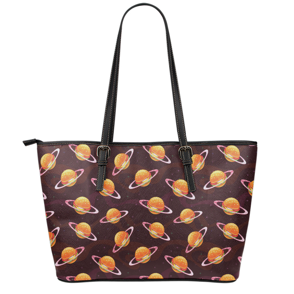 Hamburger Planet Pattern Print Leather Tote Bag