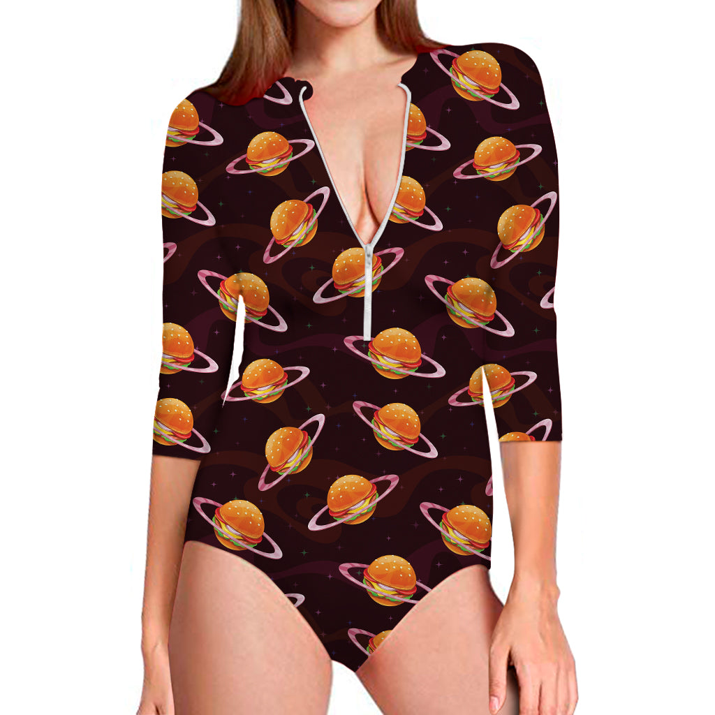 Hamburger Planet Pattern Print Long Sleeve Swimsuit