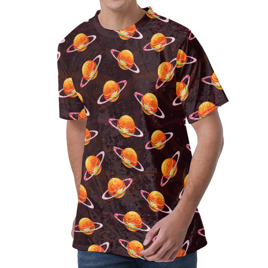 Hamburger Planet Pattern Print Men's Velvet T-Shirt