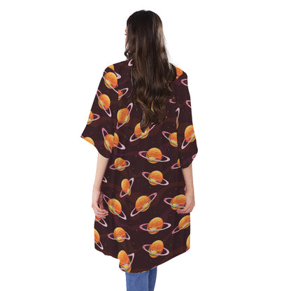 Hamburger Planet Pattern Print Open Front Beach Cover Up