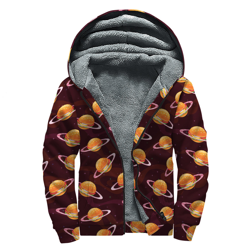 Hamburger Planet Pattern Print Sherpa Lined Zip Up Hoodie