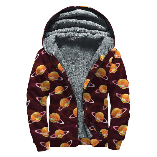 Hamburger Planet Pattern Print Sherpa Lined Zip Up Hoodie