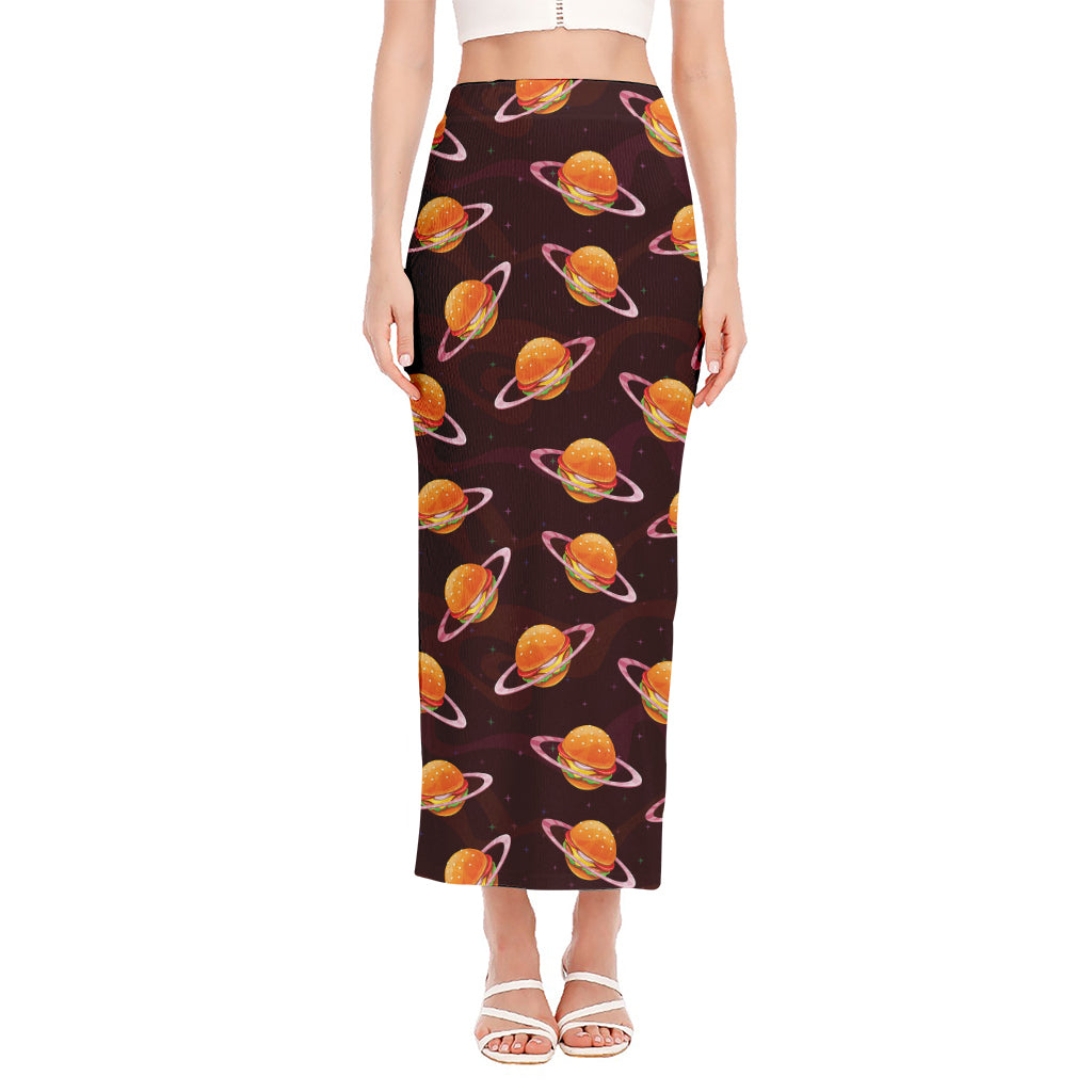 Hamburger Planet Pattern Print Side Slit Maxi Skirt