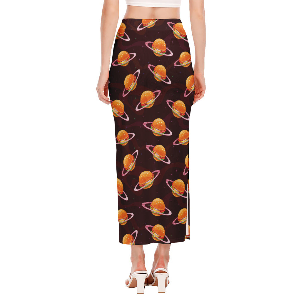 Hamburger Planet Pattern Print Side Slit Maxi Skirt