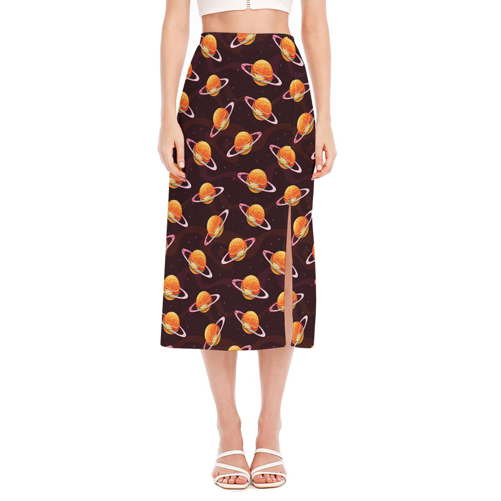 Hamburger Planet Pattern Print Side Slit Midi Skirt