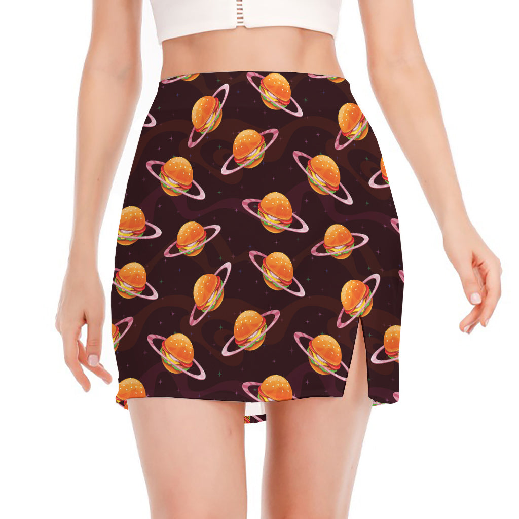 Hamburger Planet Pattern Print Side Slit Mini Skirt