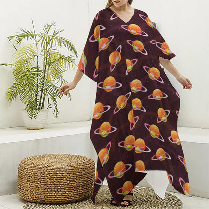 Hamburger Planet Pattern Print Silk V-Neck Kaftan Dress